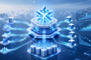 Snowflake data warehouse architecture with data pipelines flowing into compute and cost dashboards trending down