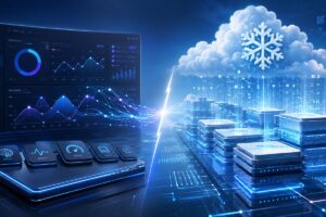 Analytics dashboard on one side and a snowflake-topped cloud warehouse cluster on the other, illustrating query routing across Snowflake compute options.