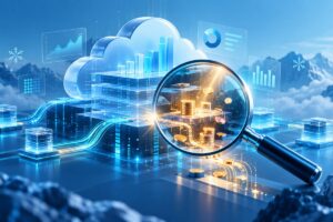 Magnifying glass revealing hidden costs inside a Snowflake cloud data warehouse