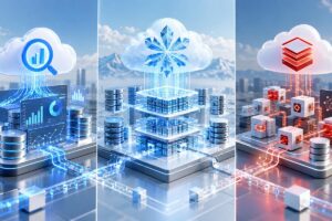 Three cloud data platforms side by side: BigQuery, Snowflake and Databricks compared