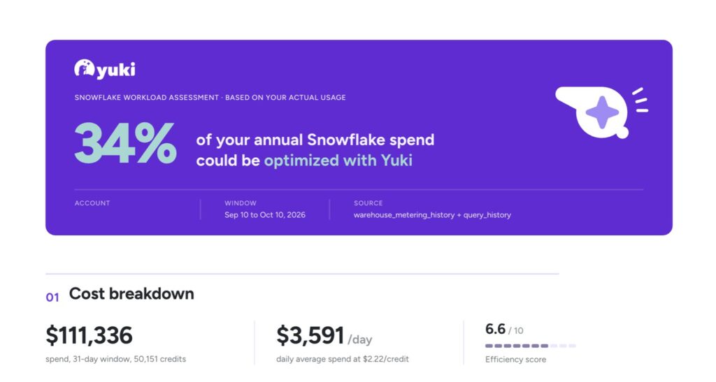 Yuki Free Cost Analysis report showing optimization potential and cost breakdown
