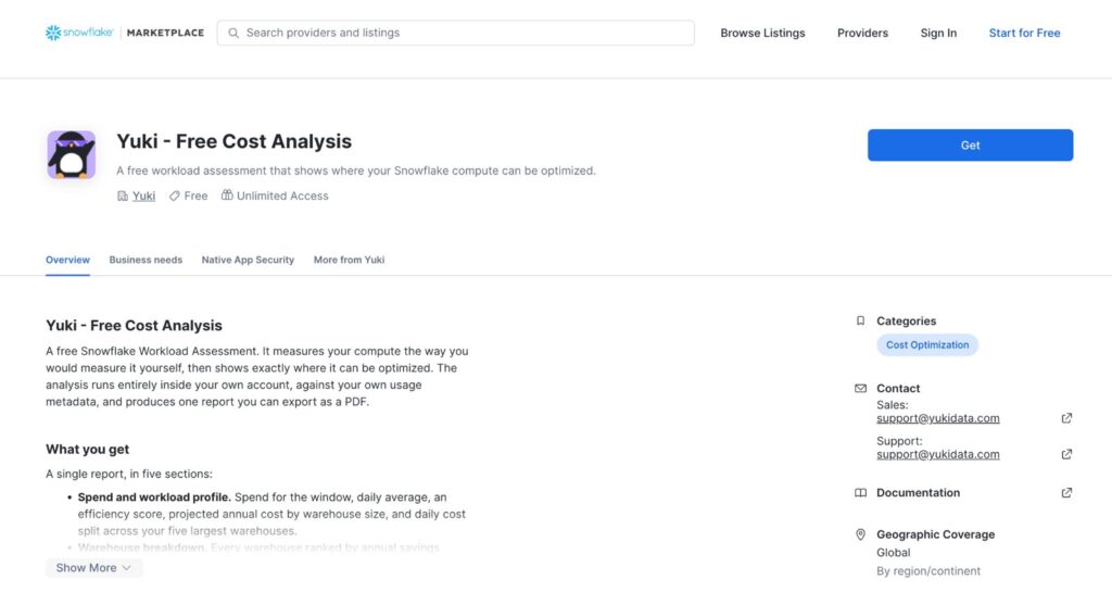 Yuki Free Cost Analysis listing on Snowflake Marketplace